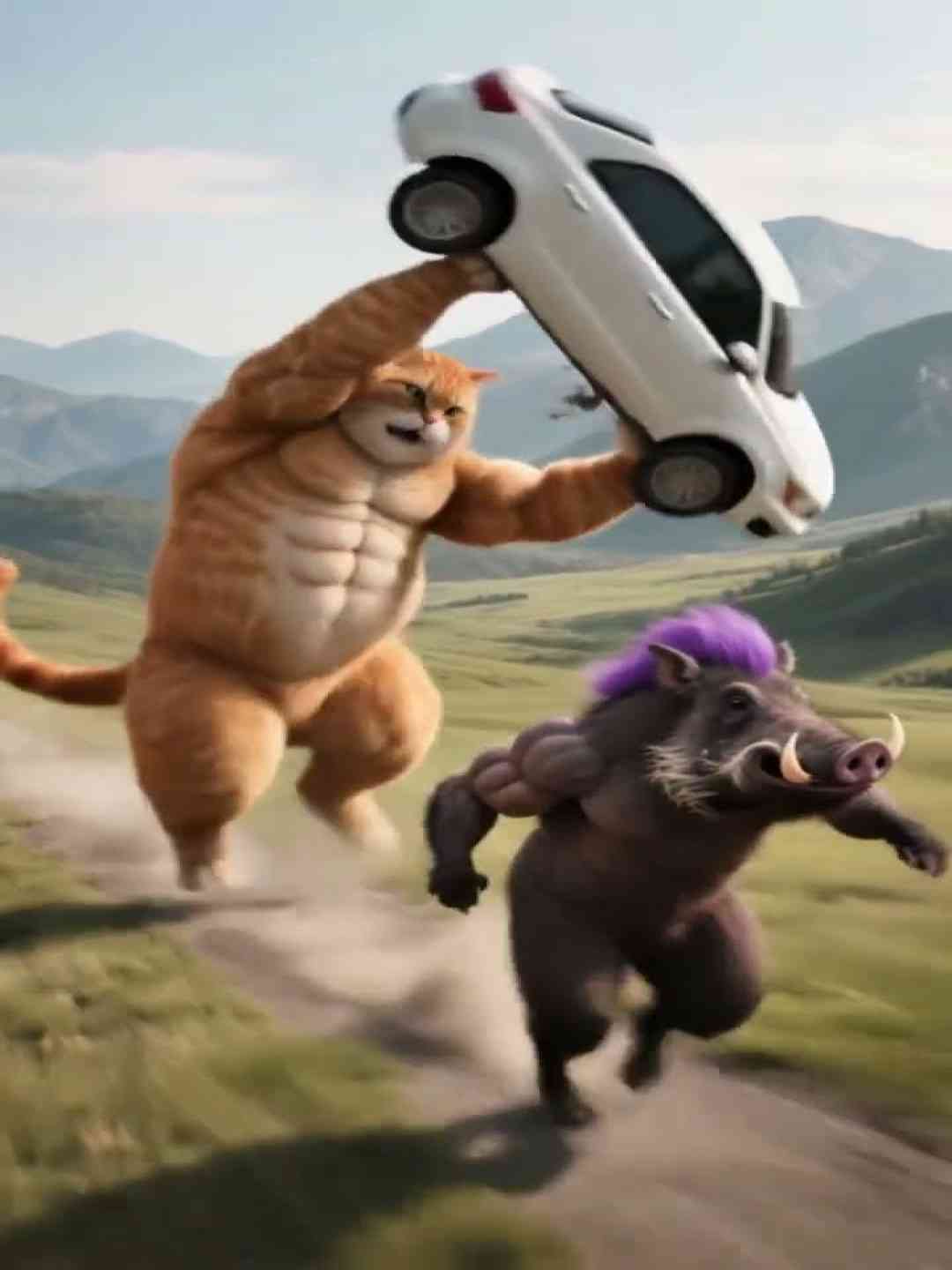 Orange cat tries to train his body to fight wild boar