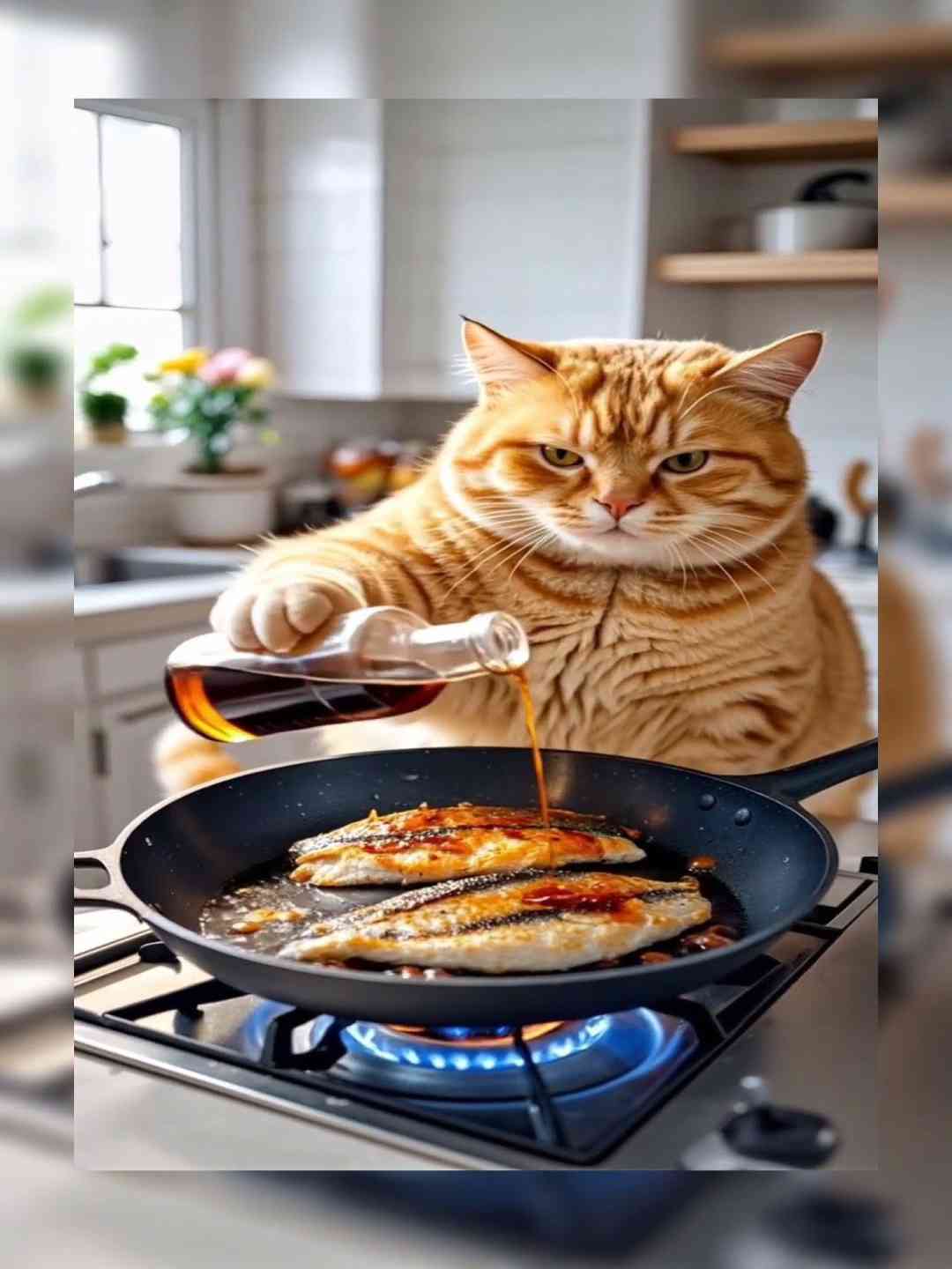 a fat orange cat cooks fish