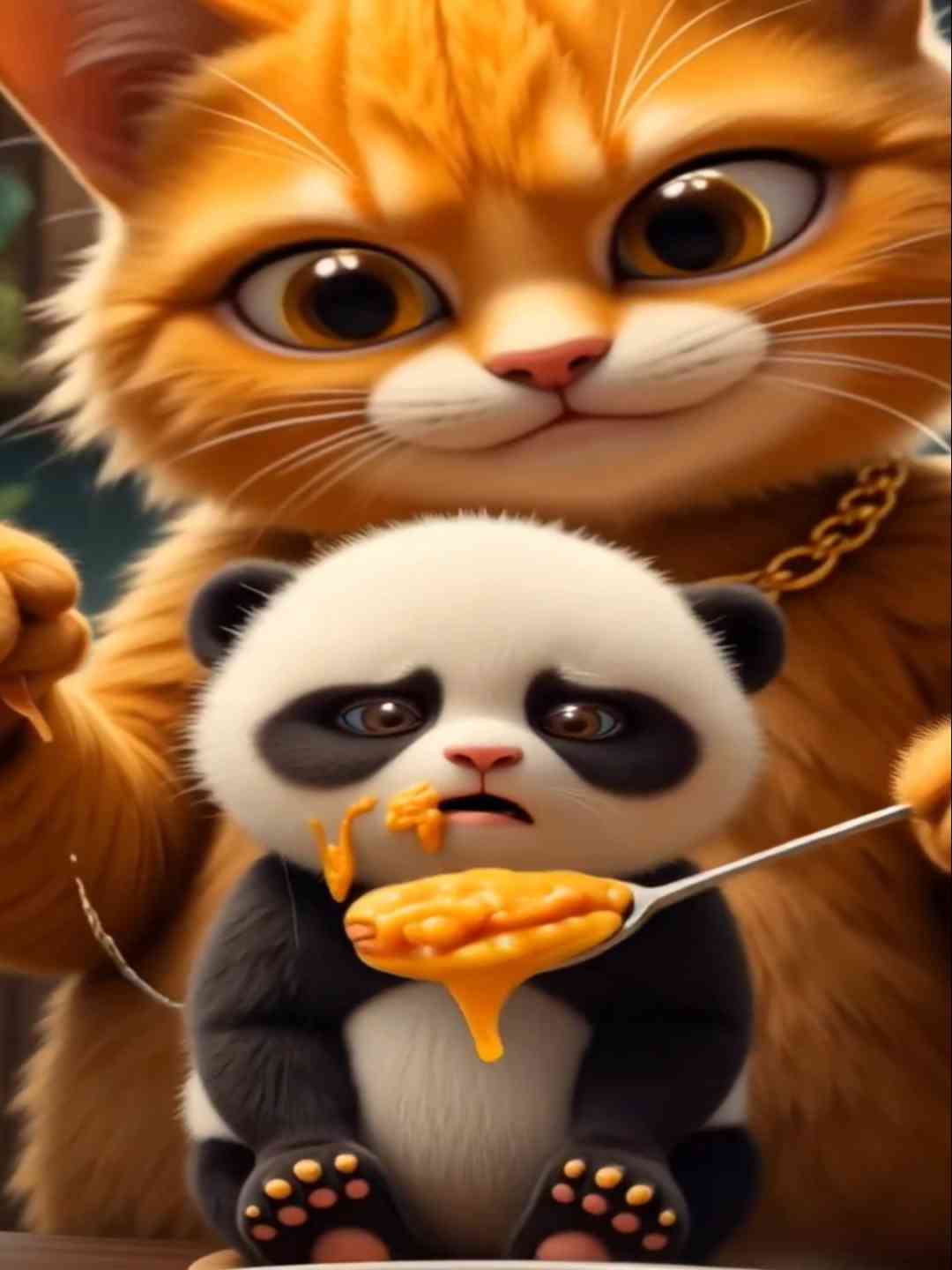 Mischievous cat ๐บ stealing Panda ๐ผ cub.