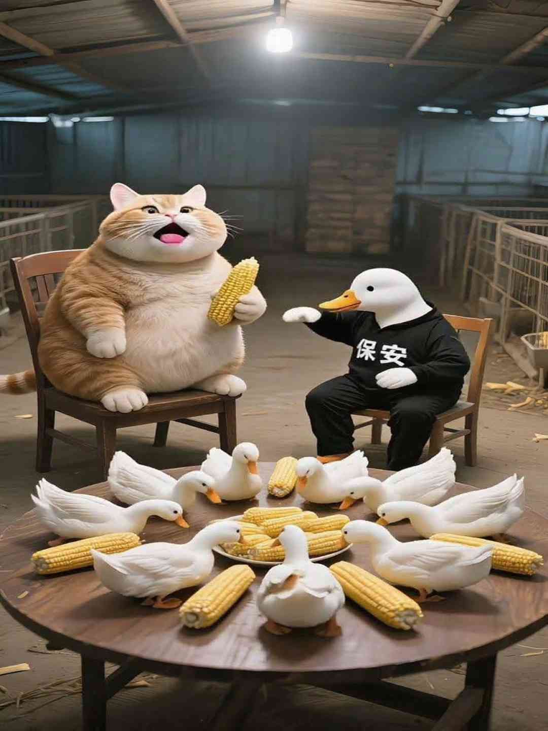 The lion and the orange cat plan to catch the duck